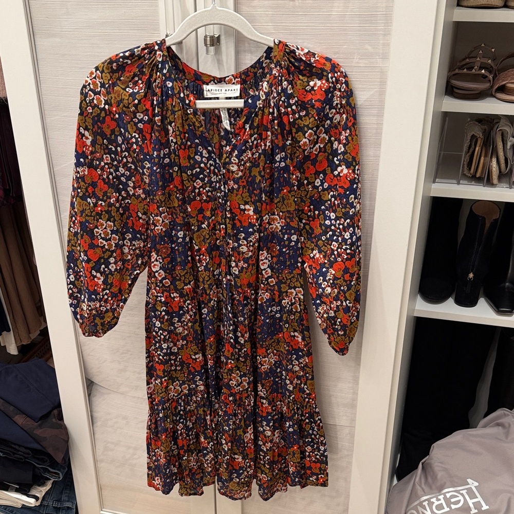 Apiece Apart Navy Floral Long Sleeve Mini Dress with Red & Olive Details